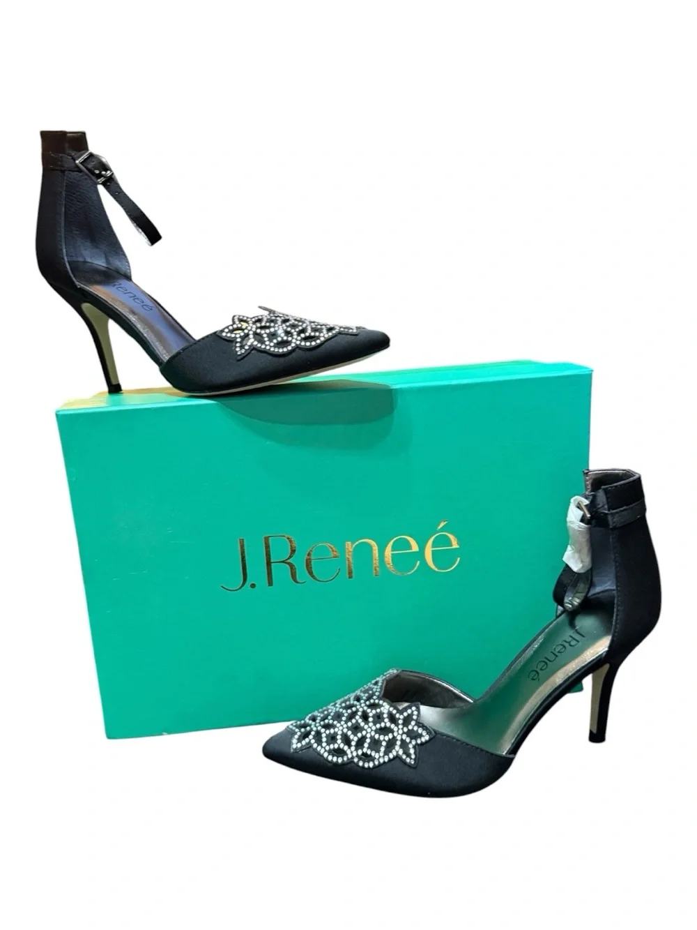 J. Reneé Bicarr Black Satin Rhinestone Pointed Toe Heels Size 6M NIB
